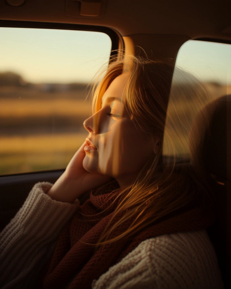 Donna che riposa con la guancia sulla mano contro il finestrino dell'auto al mattino — momento Mattina in viaggio (immagine illustrativa)