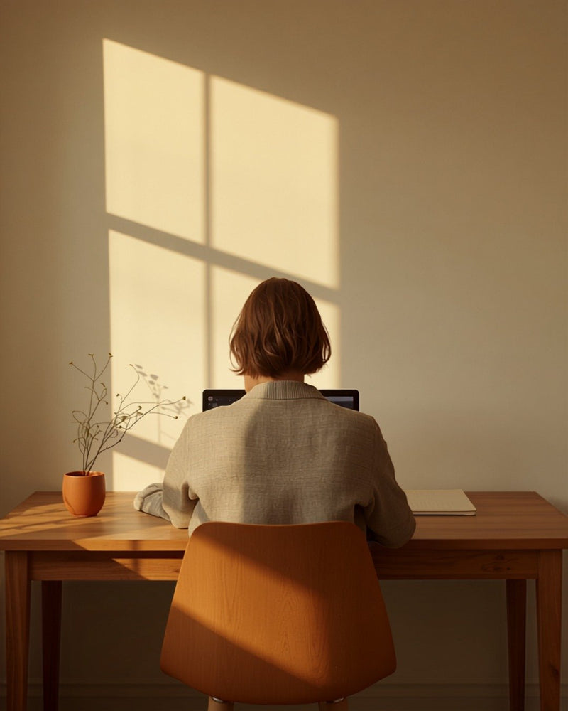 Persona di spalle alla scrivania nella luce calda del pomeriggio — momento Pomeriggio alla scrivania (immagine illustrativa)