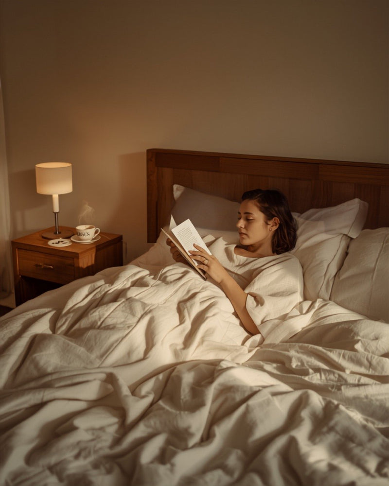 Donna che legge a letto alla luce ambrata della lampada — momento Sera prima di dormire (immagine illustrativa)